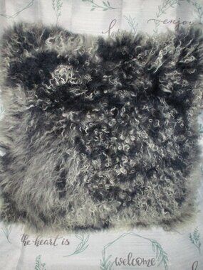 Mon Chateau Tibetan Lamb Fur Square Pillow Silver Navy 17" 95% Feather 5% Down